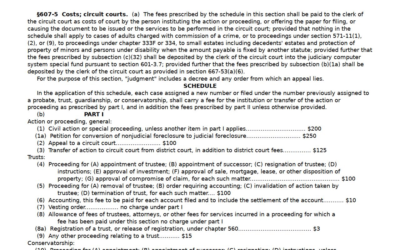 Hawaii County civil docket Circuit Court fee statute