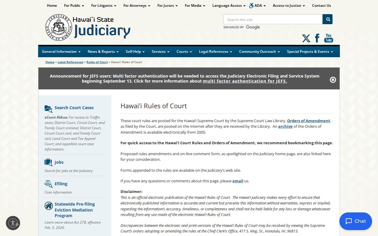 Hawaii County civil docket current court rules index
