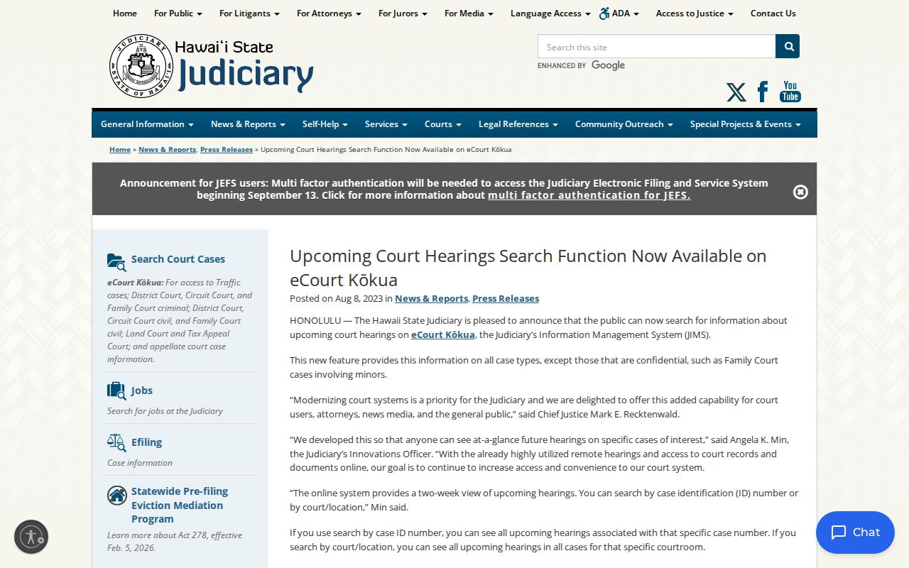 Hawaii County court calendar upcoming hearings search