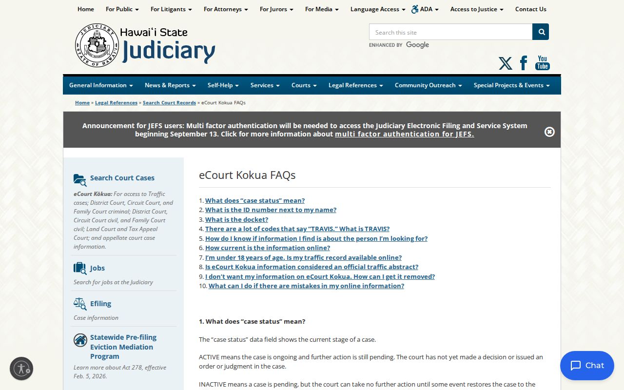 Hawaii County criminal docket status definitions