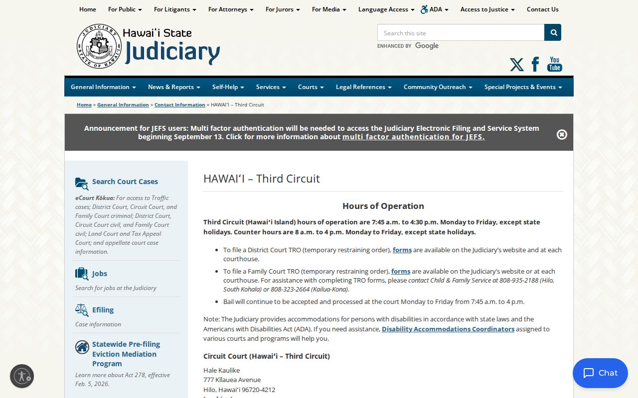 Hawaii County court docket Third Circuit clerk and courthouse contacts