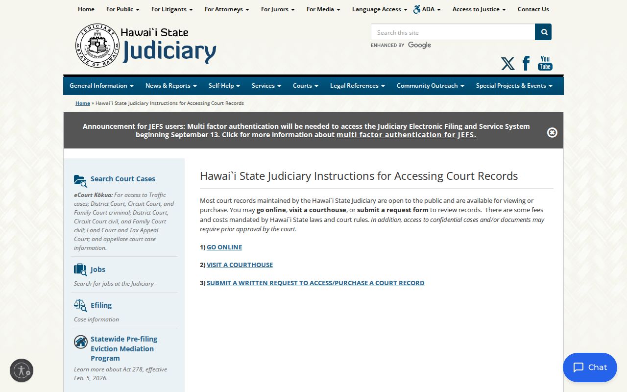 Hawaii County court docket online courthouse and written access channels